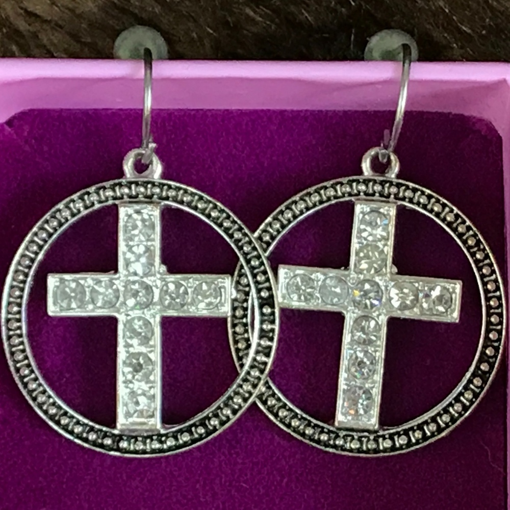 Crystal Cross in Circle French Wire Earrings